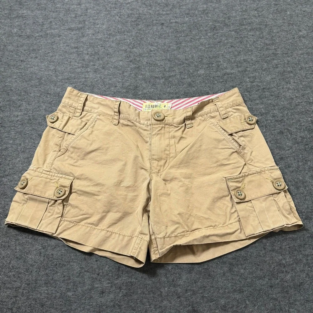 VTG Y2K Old Navy Khaki Cargo Shorts Women 4 Low Waist Tan Cotton Utility Mini